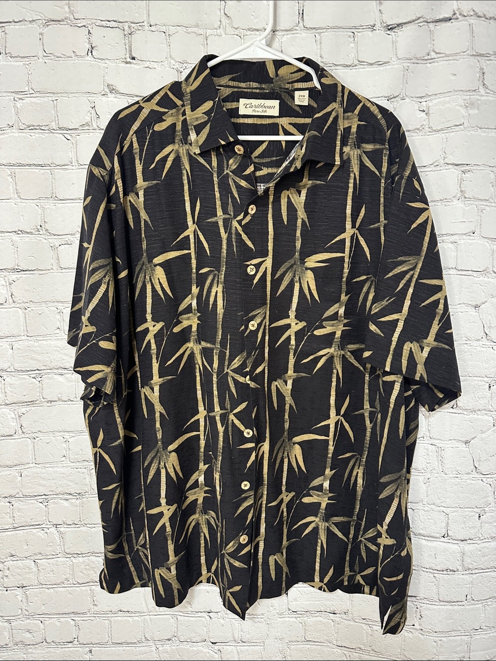 Caribbean Pure Silk Bamboo Print Camp Shirt Men’s 2xb Black Tan Hawaiian Resort